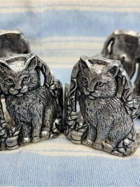 2 Vintage Pewter Cat Candle Holders